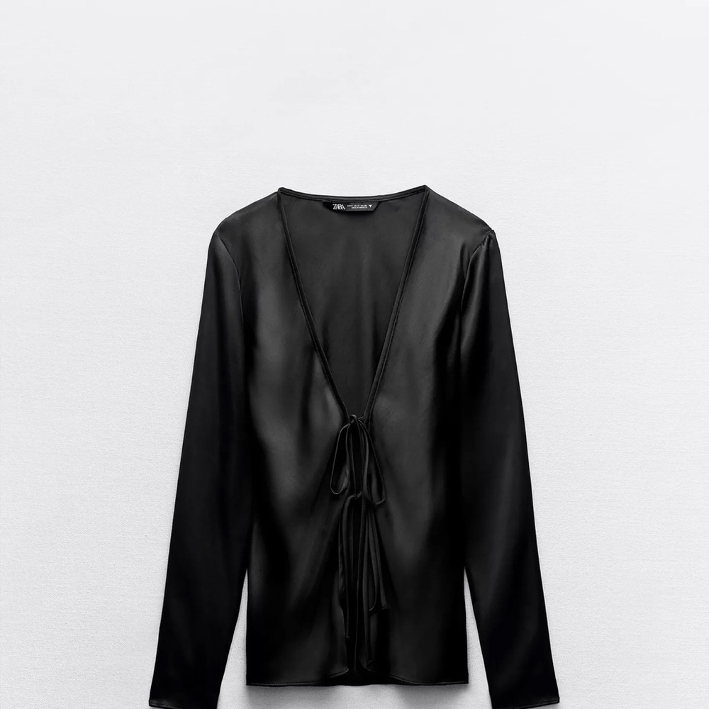 Zara Black Satin Tie-Front Blouse